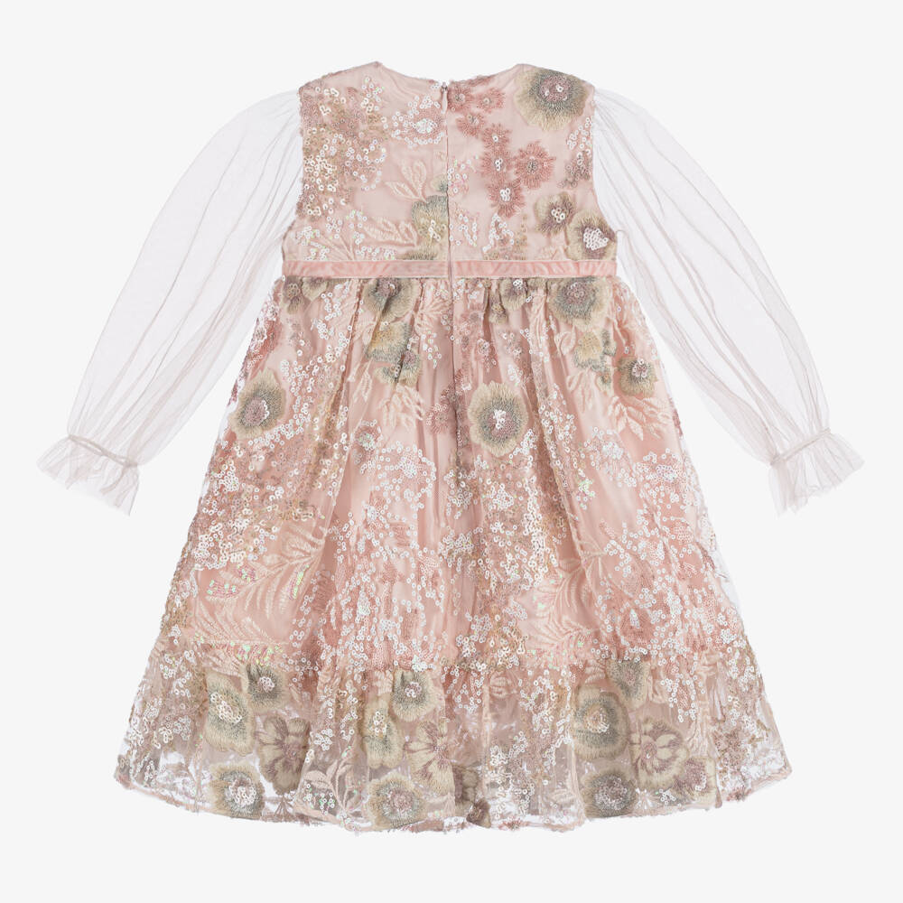 EIRENE-Girls Pink Floral Lace Sequin Dress | Childrensalon Outlet