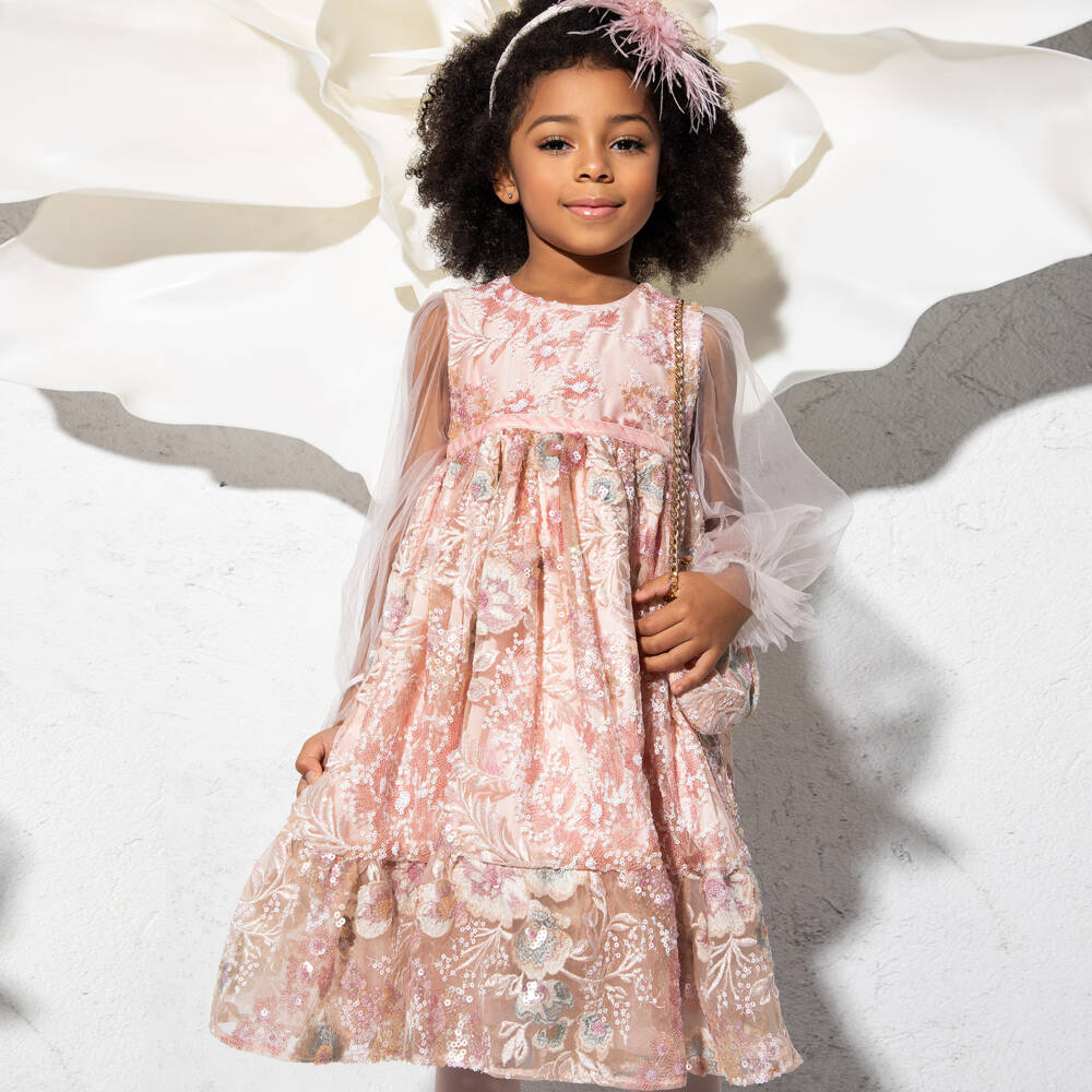 EIRENE-Girls Pink Floral Lace Sequin Dress | Childrensalon Outlet