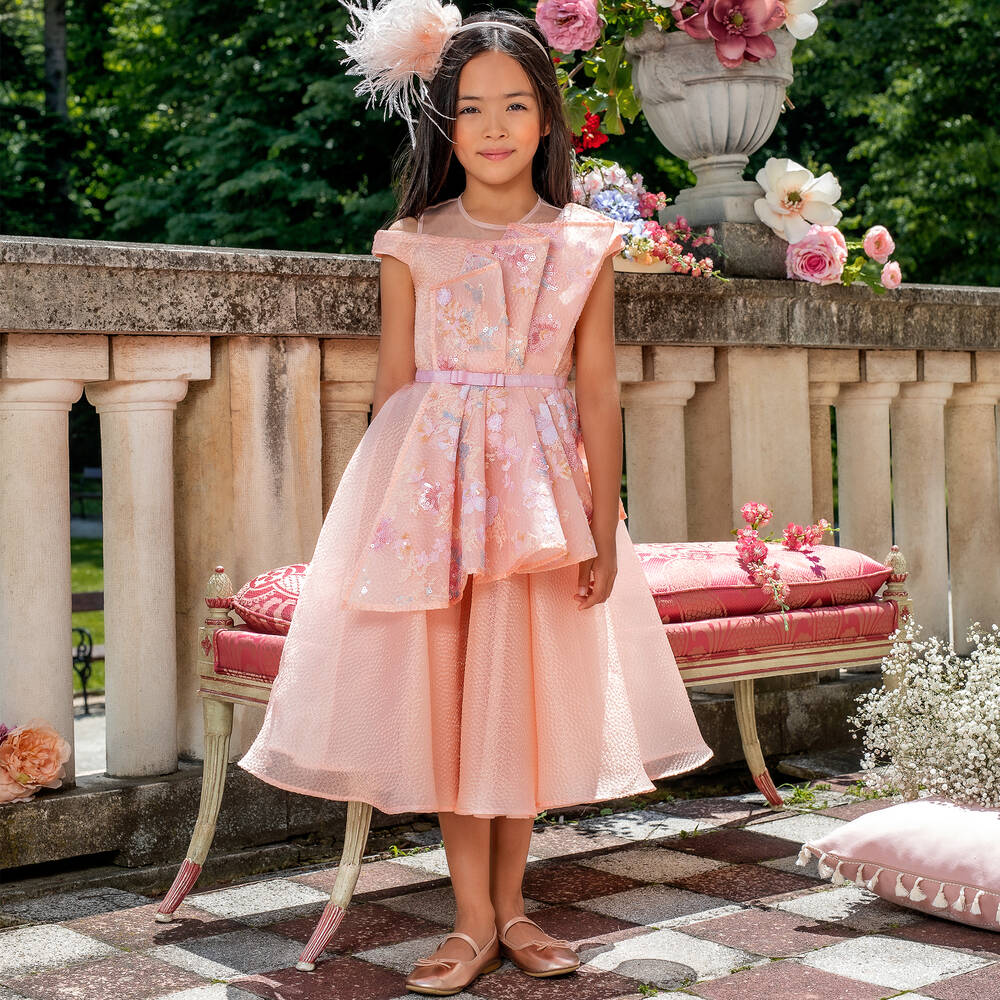 EIRENE-فستان أورغانزا لون زهري مرجاني بطبعة ورود | Childrensalon Outlet