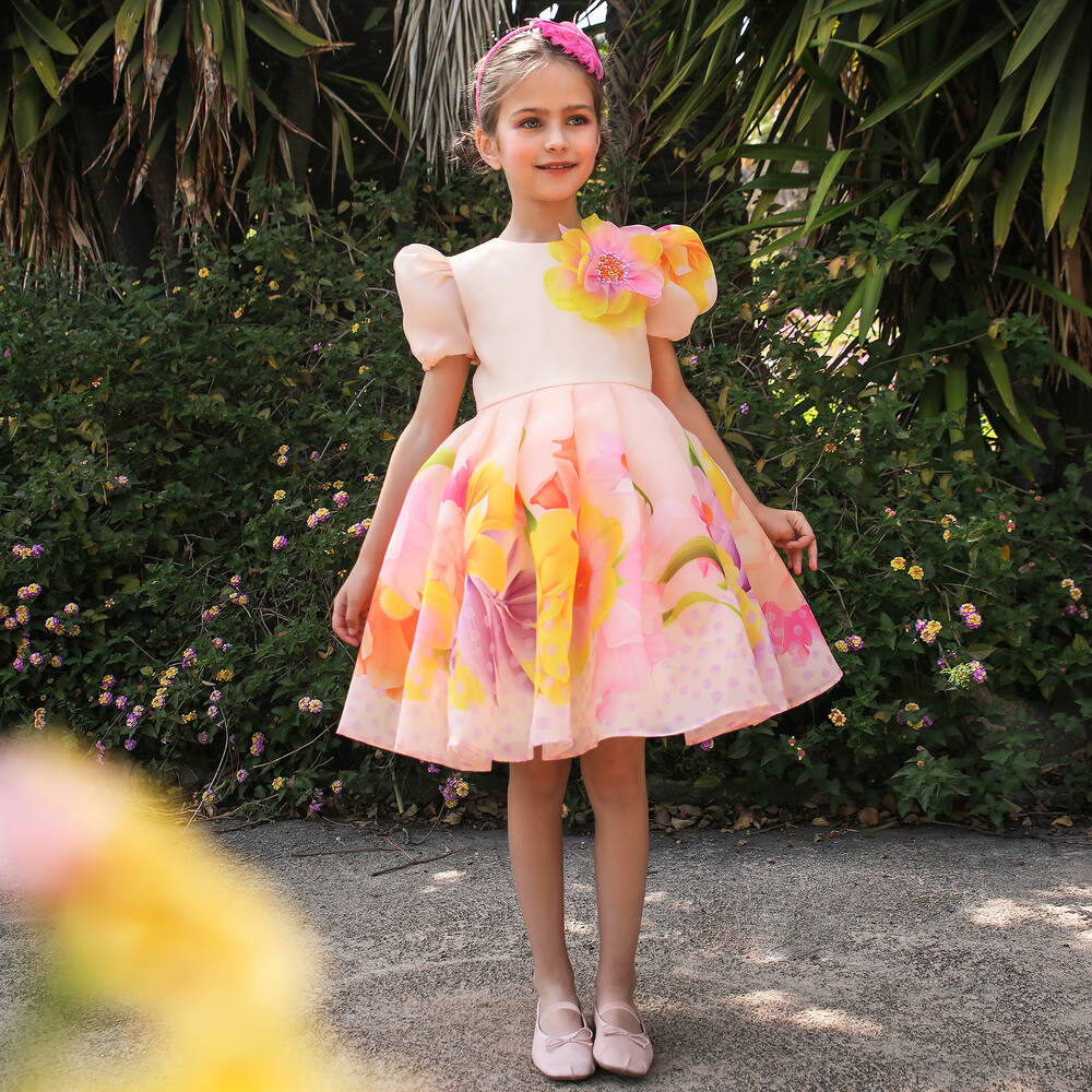 EIRENE-فستان أورغانزا لون زهري بطبعة ورود | Childrensalon Outlet