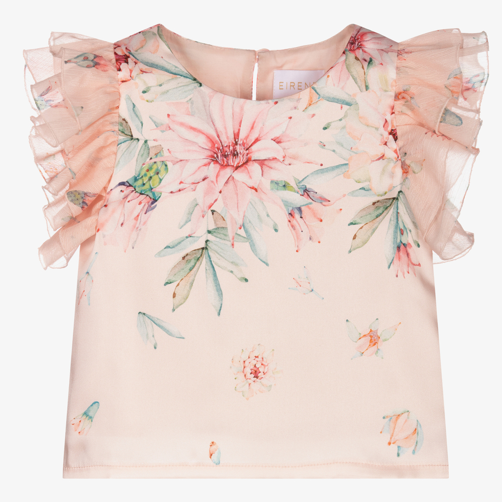 EIRENE - Girls Pink Floral Satin Blouse | Childrensalon