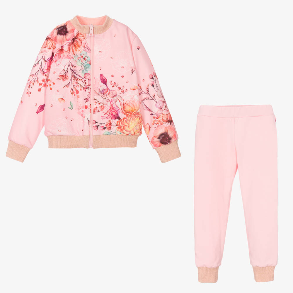 EIRENE-تراكسوت قطن جيرسي لون زهري بطبعة ورود للبنات | Childrensalon Outlet