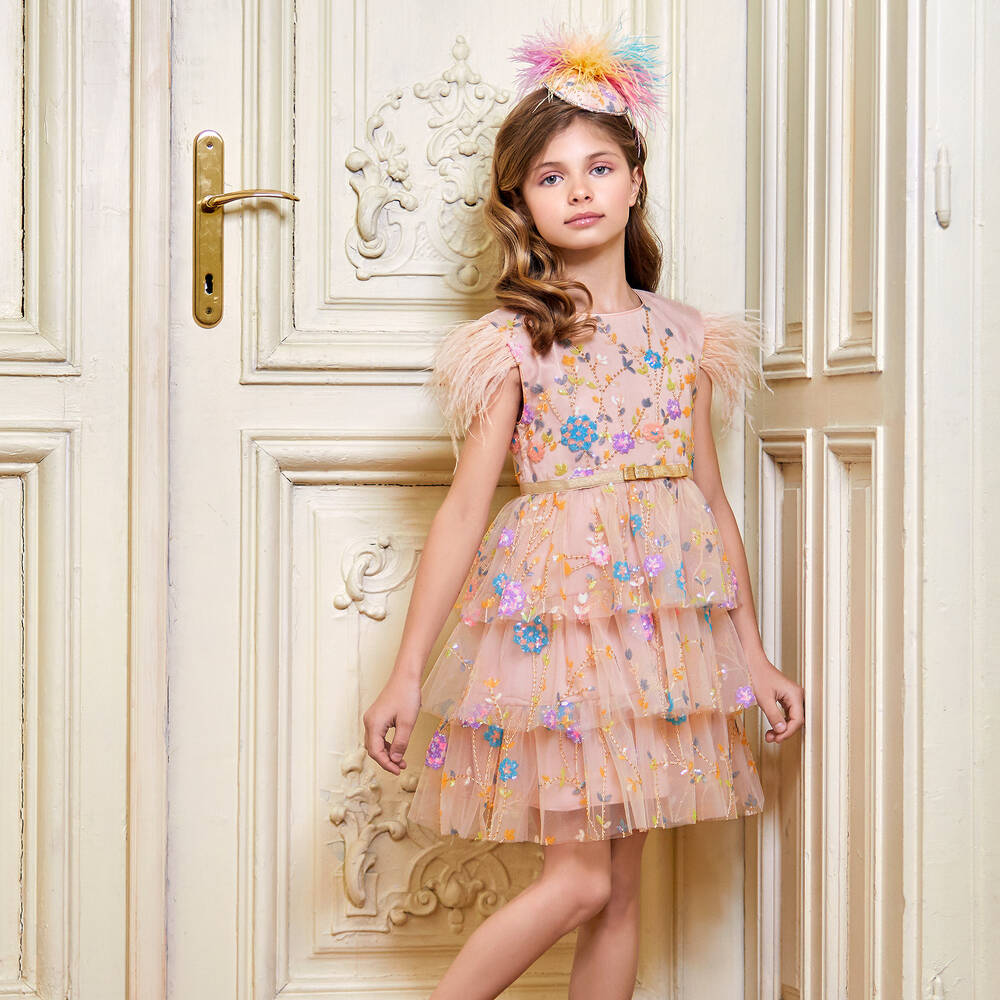 EIRENE - Girls Pink Floral Tulle Dress | Childrensalon Outlet