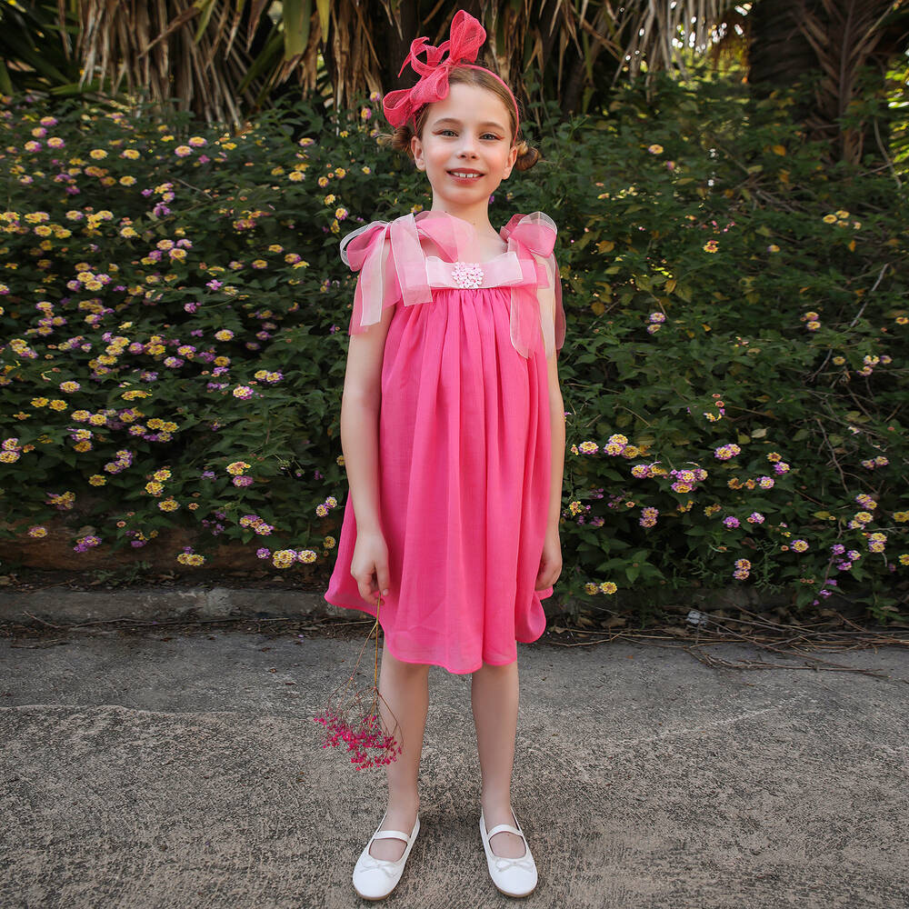 EIRENE-Girls Pink Glittery Bow Dress | Childrensalon Outlet
