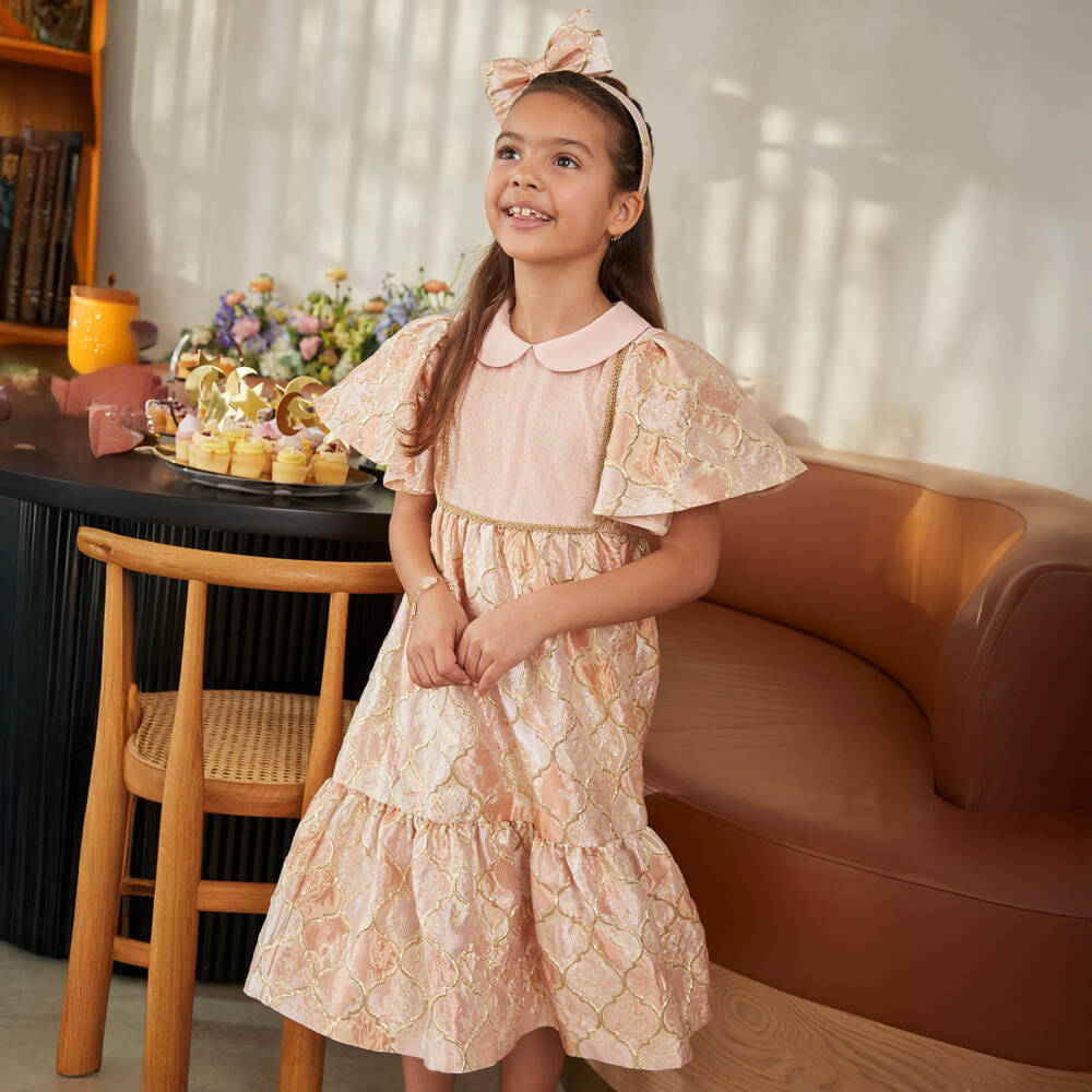 EIRENE-Girls Pink & Gold Brocade Dress | Childrensalon Outlet