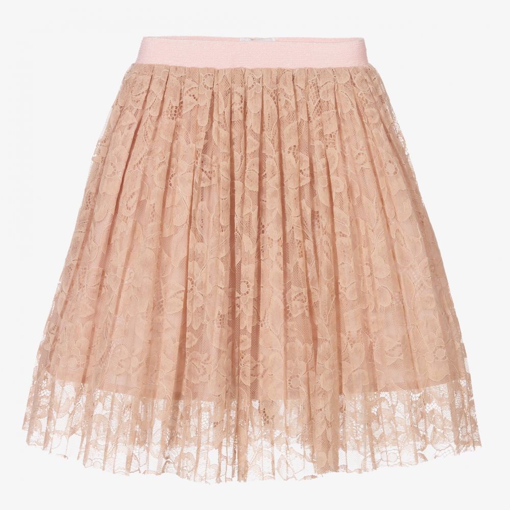 Girls Pink Lace Pleated Skirt