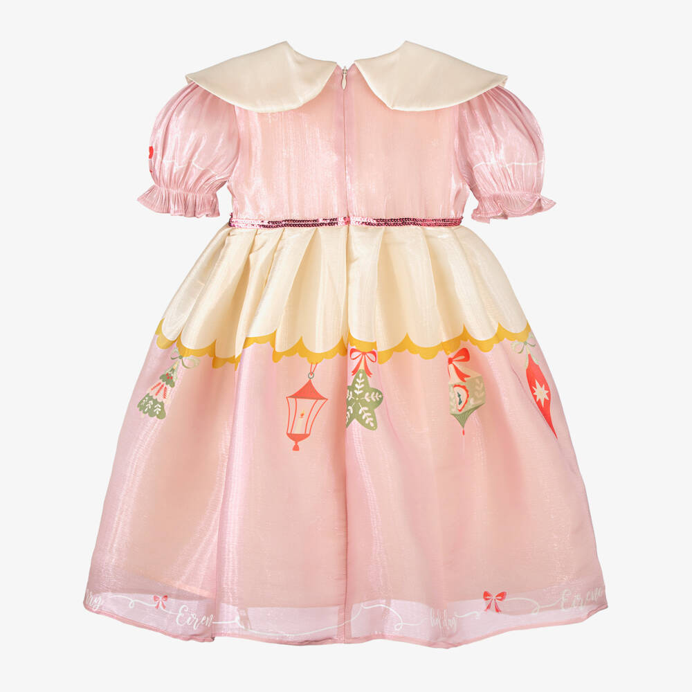 EIRENE-Girls Pink Organza Festive Ballerina Print Dress | Childrensalon Outlet