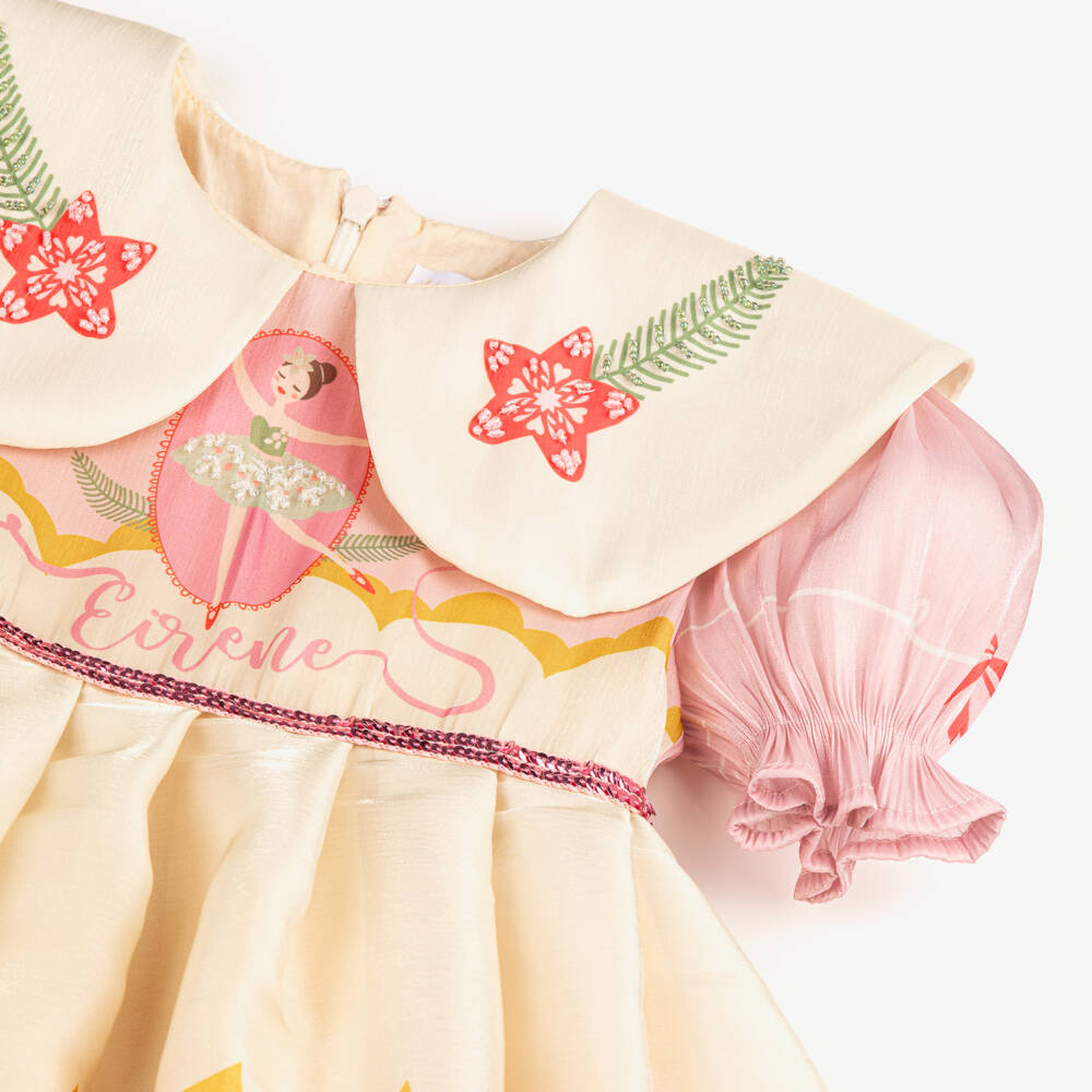 EIRENE-Girls Pink Organza Festive Ballerina Print Dress | Childrensalon Outlet