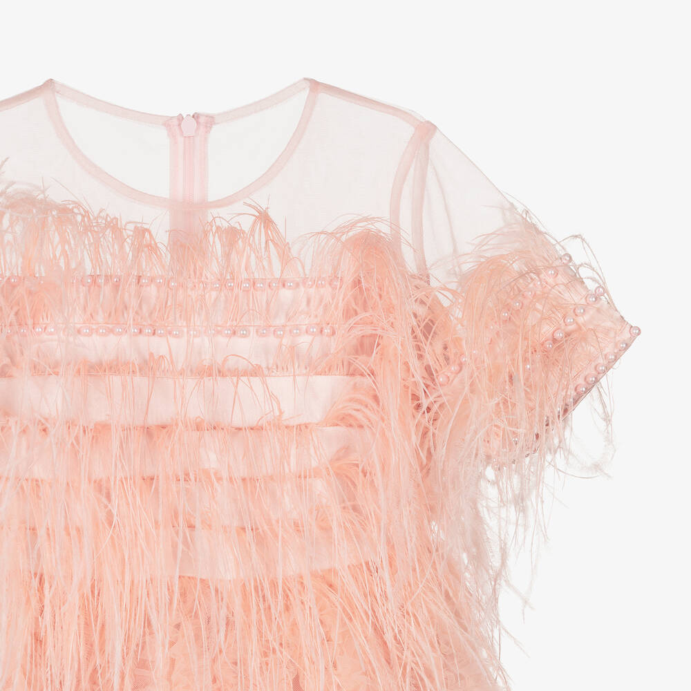 EIRENE-Girls Pink Ruffled Tulle & Feather Dress | Childrensalon Outlet