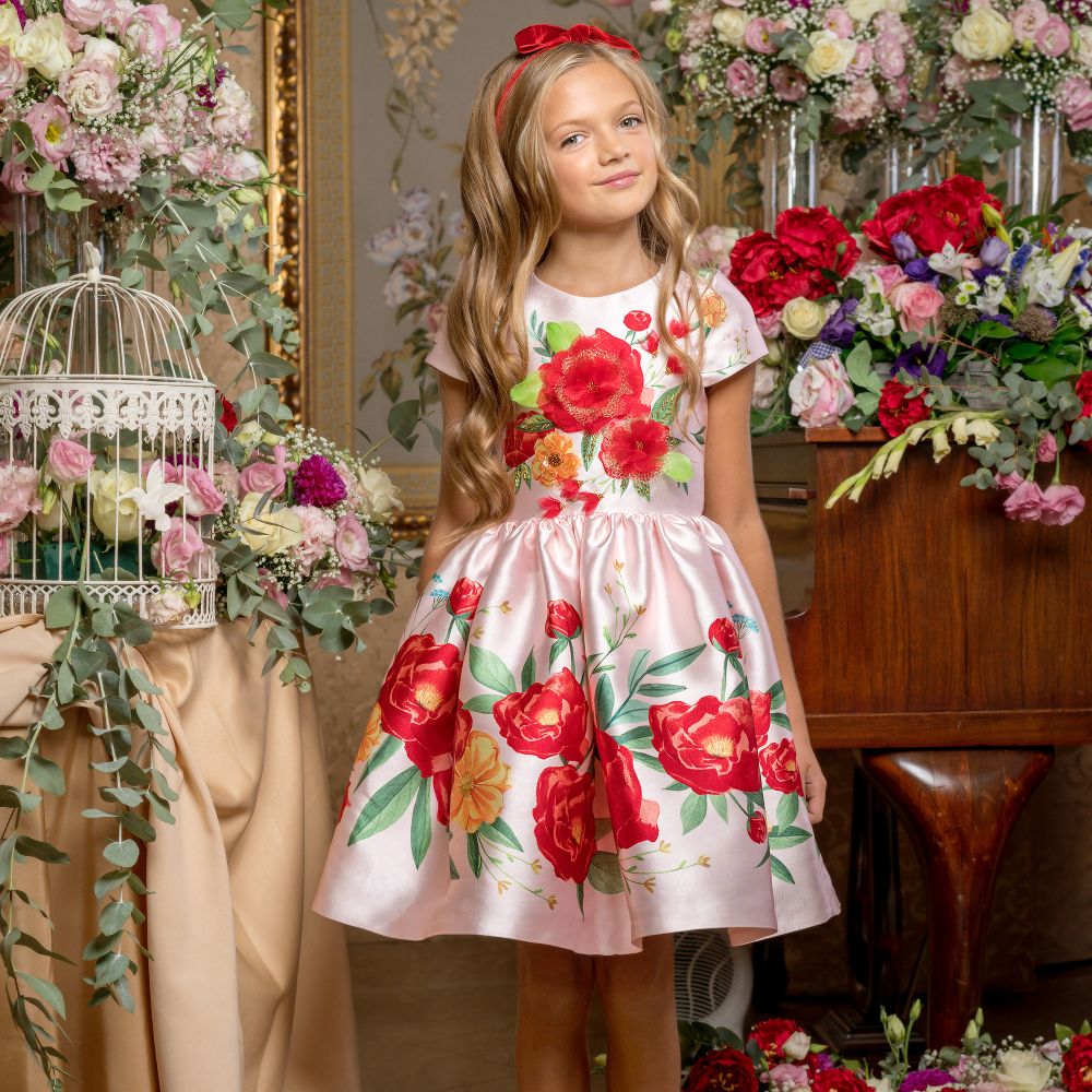 EIRENE Girls Pink Satin Floral Dress