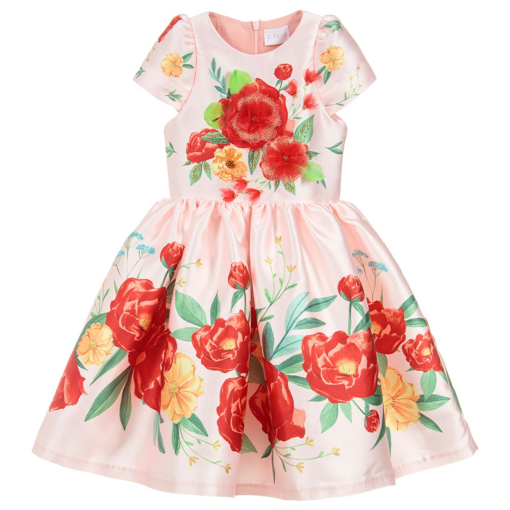 EIRENE - Girls Pink Satin Floral Dress | Childrensalon