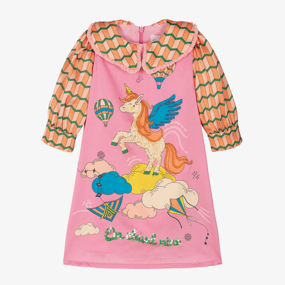 EIRENE Girls Pink Satin Unicorn Dress Childrensalon Outlet