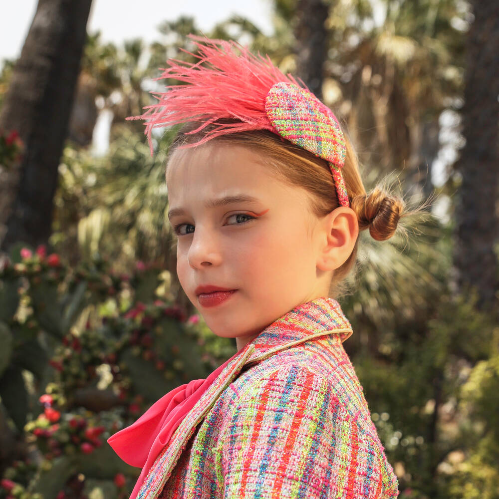 EIRENE-Girls Pink Tweed & Feather Hairband | Childrensalon Outlet