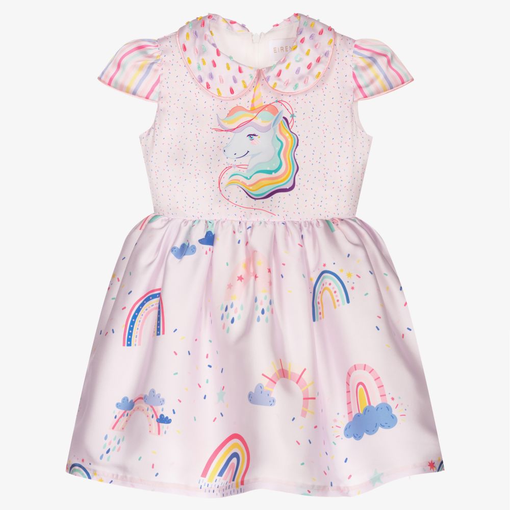 EIRENE - Girls Pink Unicorn Satin Dress | Childrensalon