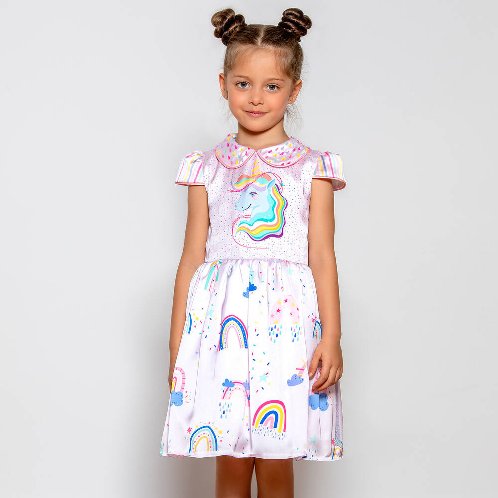 EIRENE-Girls Pink Unicorn Satin Dress | Childrensalon Outlet