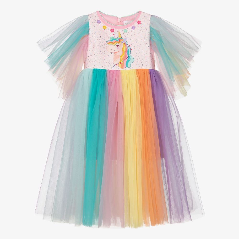 EIRENE Girls Pink Unicorn Tulle Dress Childrensalon Outlet