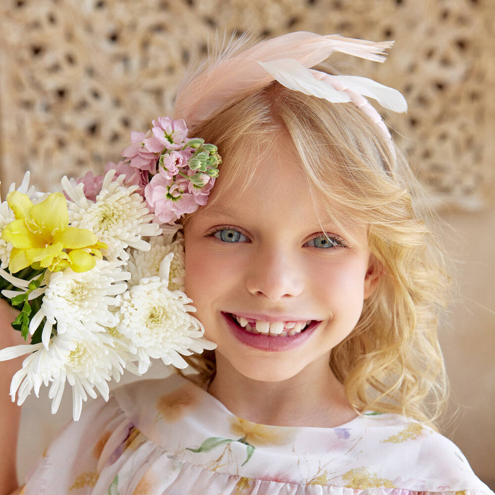 EIRENE-Girls Pink Velvet & Faux Feather Hairband | Childrensalon Outlet