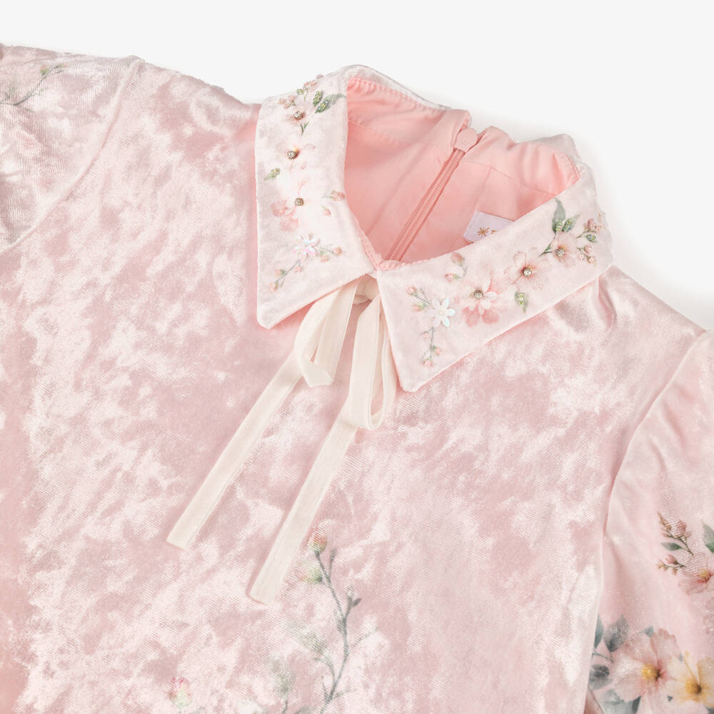 EIRENE-فستان مخملي وردي مزين بالزهور للبنات | Childrensalon Outlet