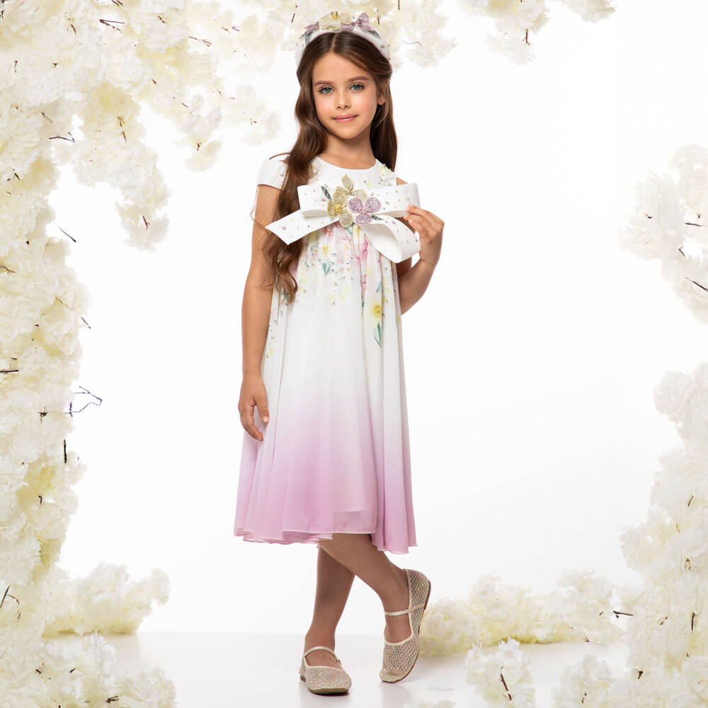 EIRENE-أناقة الفتيات باللون الوردي والأبيض مع فيونكة | Childrensalon Outlet