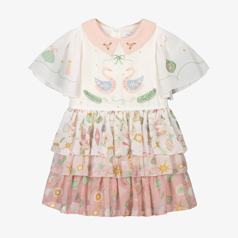 EIRENE-Girls Pink & White Chiffon Festive Swan Print Dress | Childrensalon Outlet