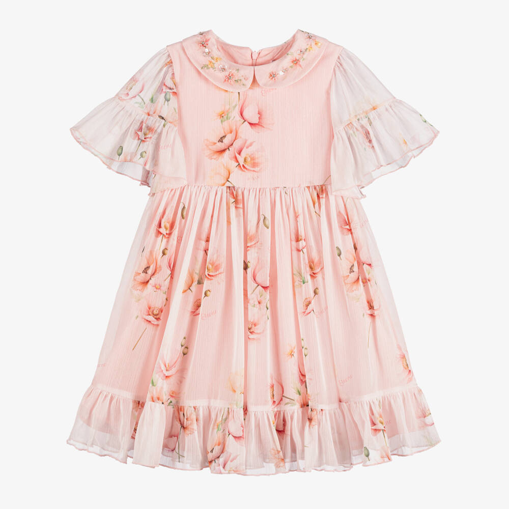 EIRENE-Girls Shimmery Pink Floral Chiffon Dress | Childrensalon Outlet
