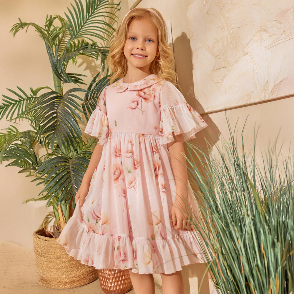 EIRENE-Girls Shimmery Pink Floral Chiffon Dress | Childrensalon Outlet