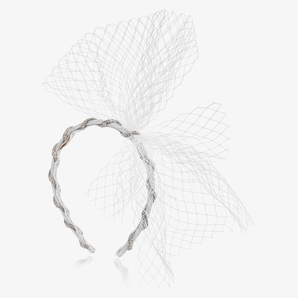 EIRENE-Girls Silver Diamanté Hairband with Net Bow | Childrensalon Outlet