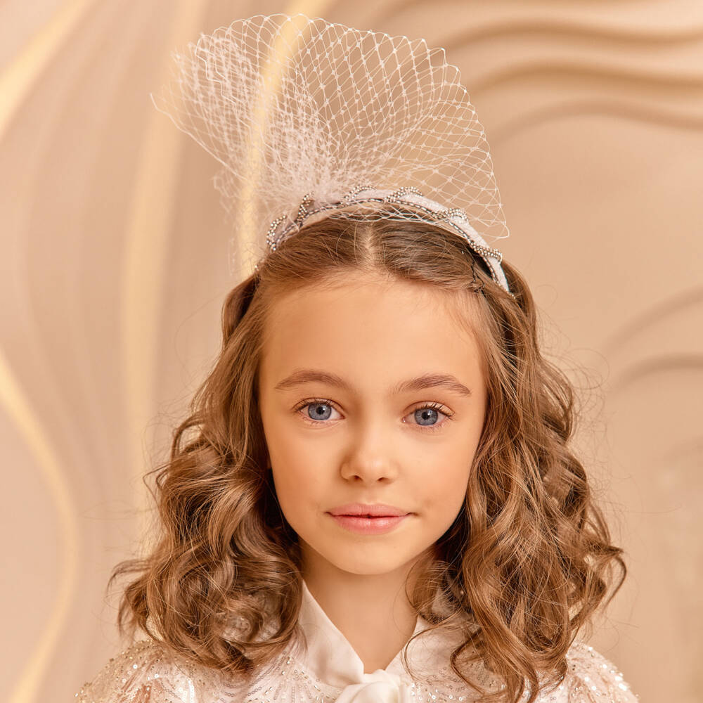 EIRENE-Girls Silver Diamanté Hairband with Net Bow | Childrensalon Outlet