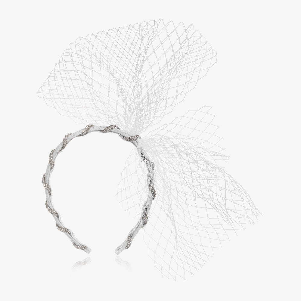 EIRENE-Girls Silver Diamanté Hairband with Net Bow | Childrensalon Outlet