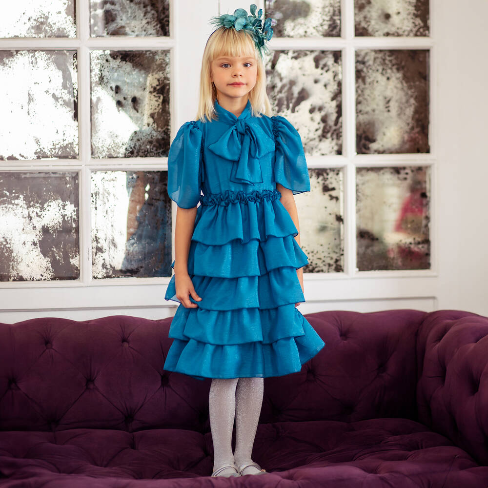 EIRENE-فستان شيفون بكسرات لون أزرق تركواز | Childrensalon Outlet