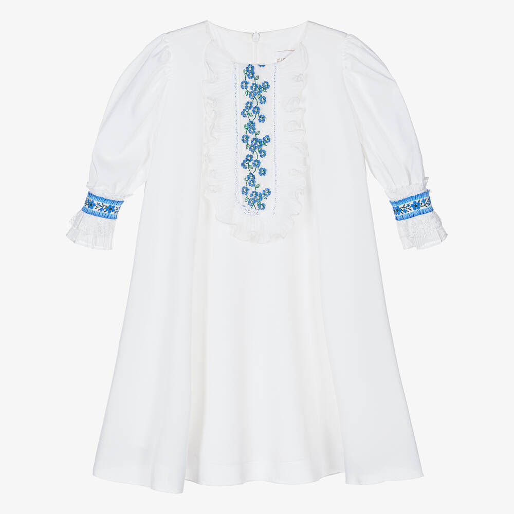 EIRENE - Girls White & Blue Floral Chiffon Dress | Childrensalon