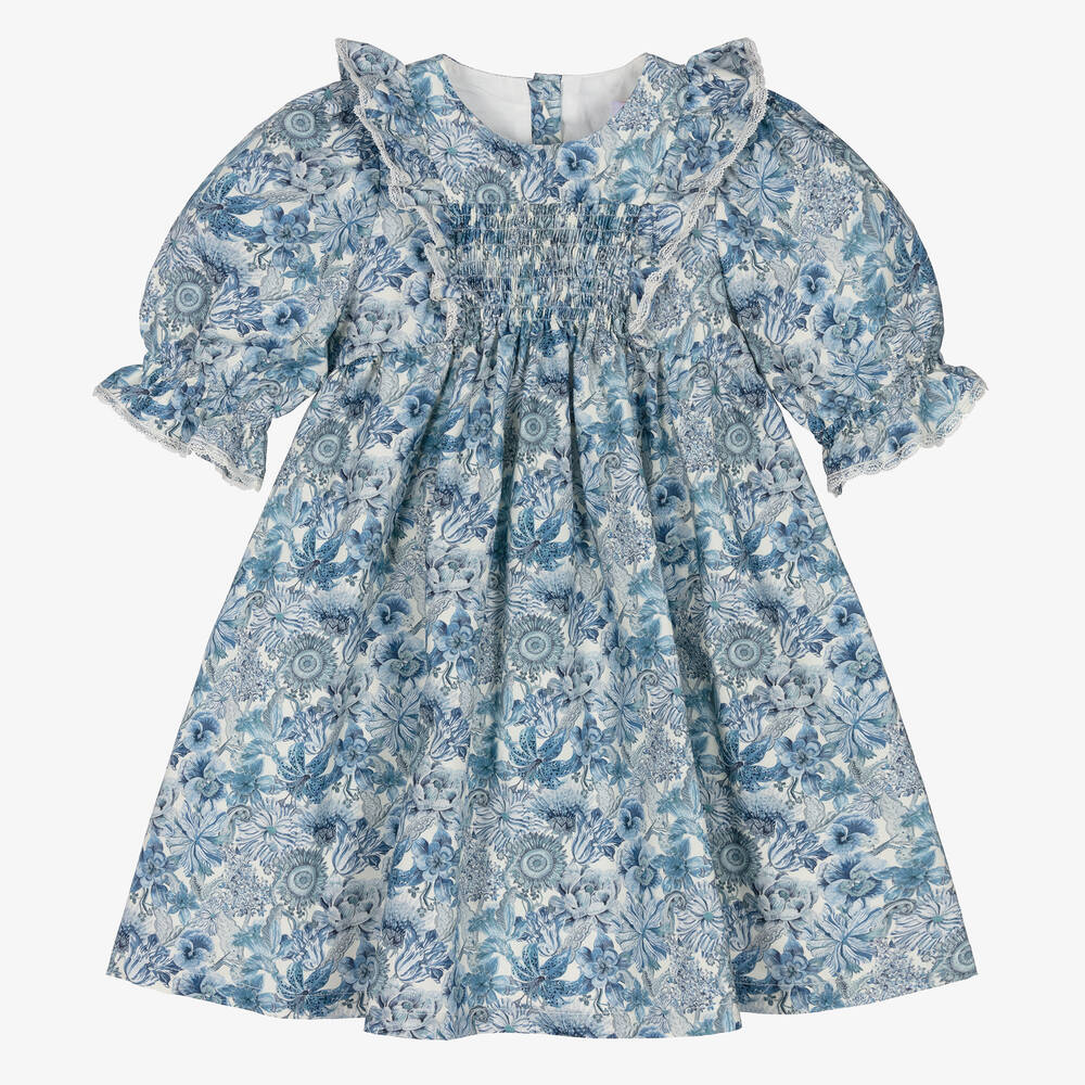 EIRENE - Girls White & Blue Liberty Print Dress | Childrensalon