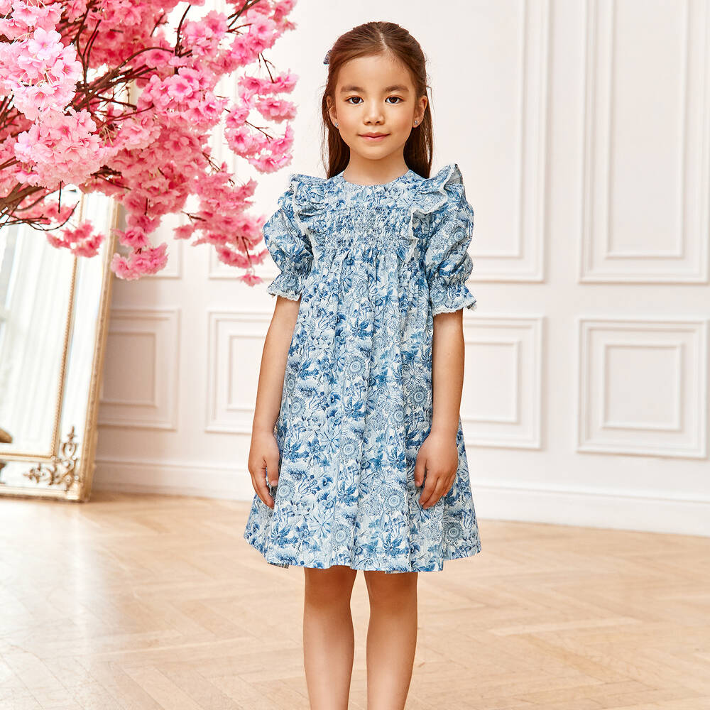 EIRENE-Girls White & Blue Liberty Print Dress | Childrensalon Outlet