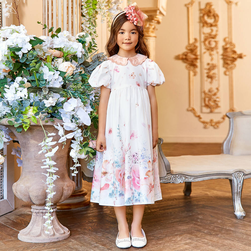 EIRENE-فستان قطن بوبلين لون أبيض بطبعة ورود | Childrensalon Outlet