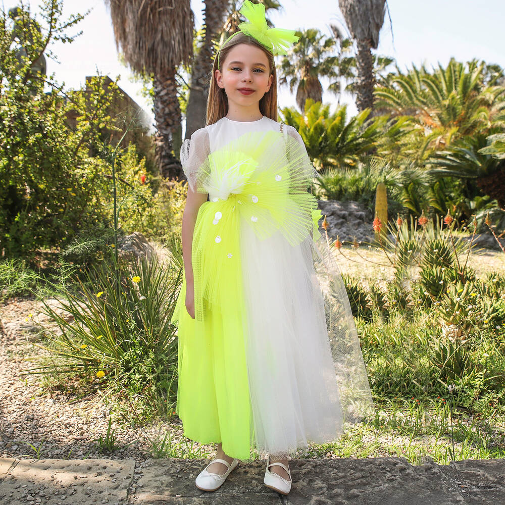 EIRENE Girls White Neon Yellow Tulle Dress