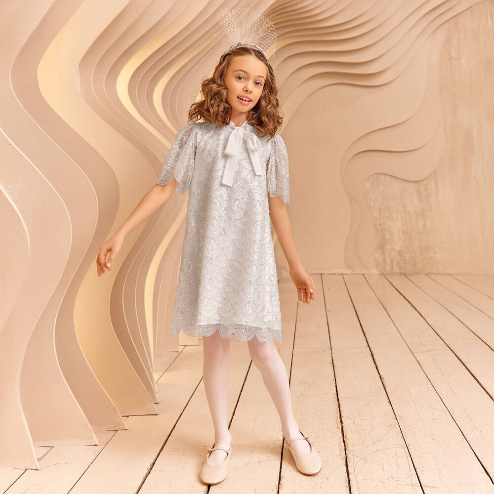 EIRENE-فستان أبيض لامع للبنات مع فيونكة | Childrensalon Outlet