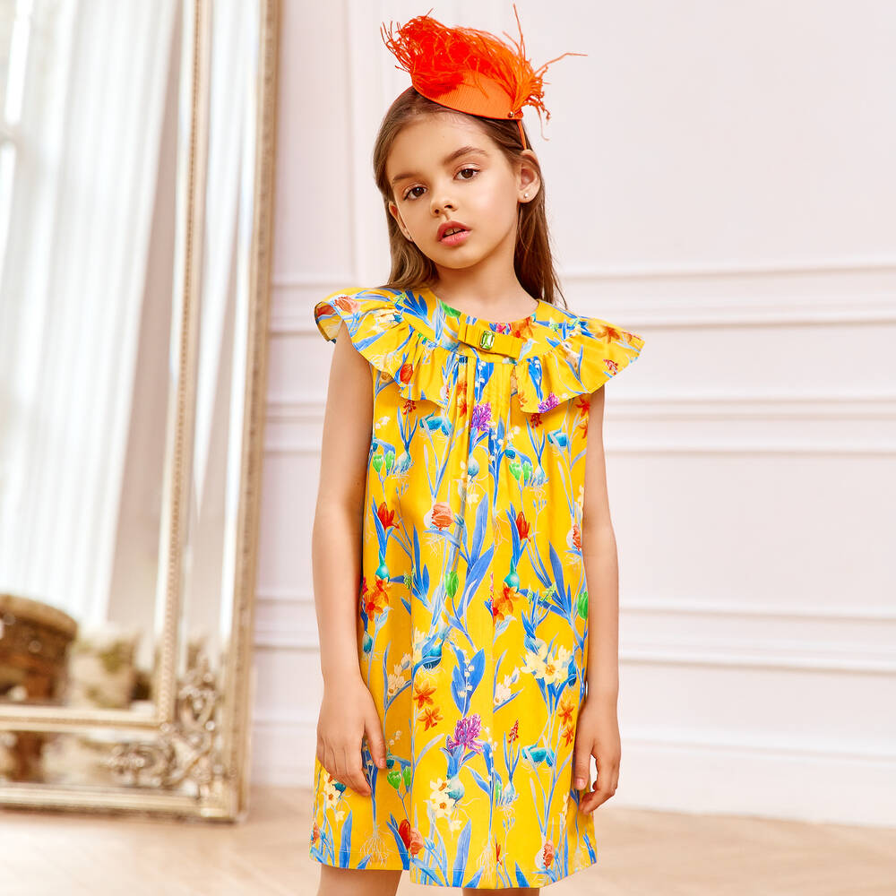 EIRENE-فستان قطن مزين بكشكش لون أصفر بطبعة ورود | Childrensalon Outlet