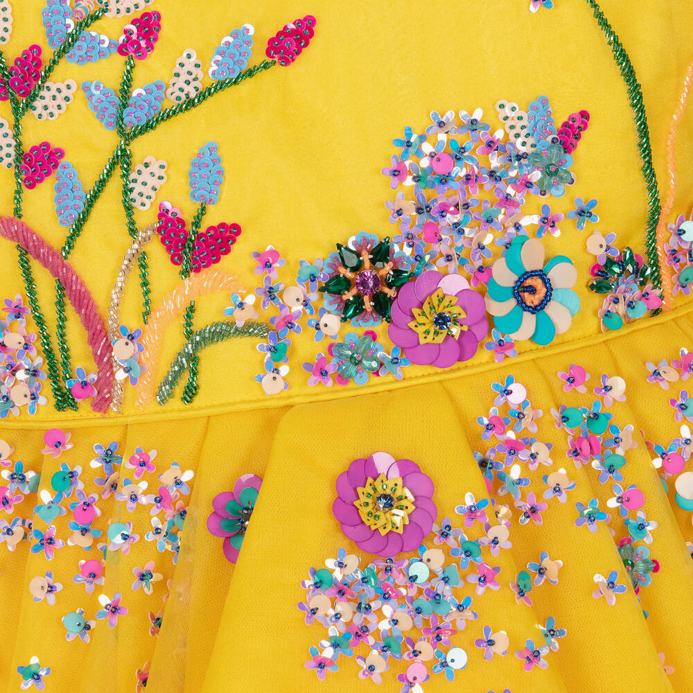 EIRENE-فستان أورغانزا لون أصفر مزين بترتر | Childrensalon Outlet