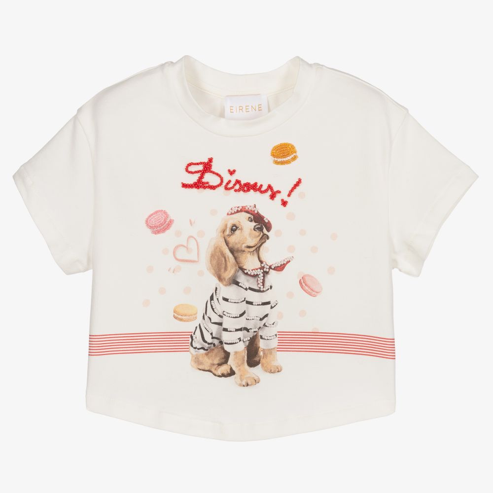 EIRENE - Кремовая футболка со щенком и вышивкой бисером | Childrensalon