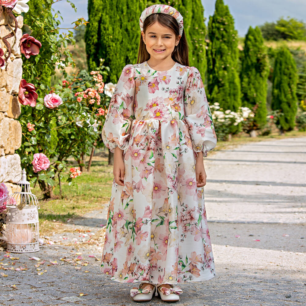 EIRENE-فستان ساتان لون عاجي و زهري | Childrensalon Outlet