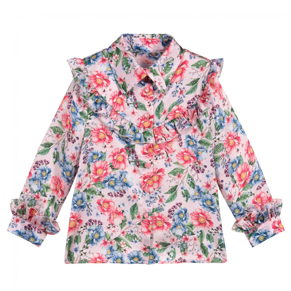 EIRENE - Chemise rose fleurie à volants  | Childrensalon