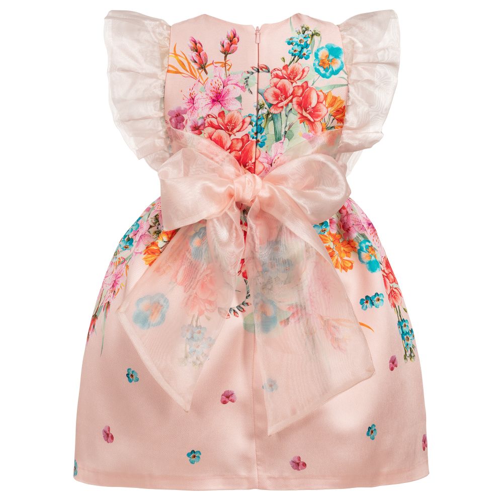 EIRENE-فستان ساتان وأورغانزا لون زهري بطبعة ورود | Childrensalon Outlet