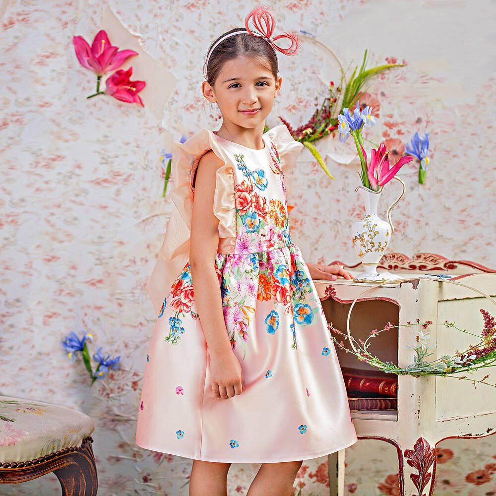 EIRENE-فستان ساتان وأورغانزا لون زهري بطبعة ورود | Childrensalon Outlet