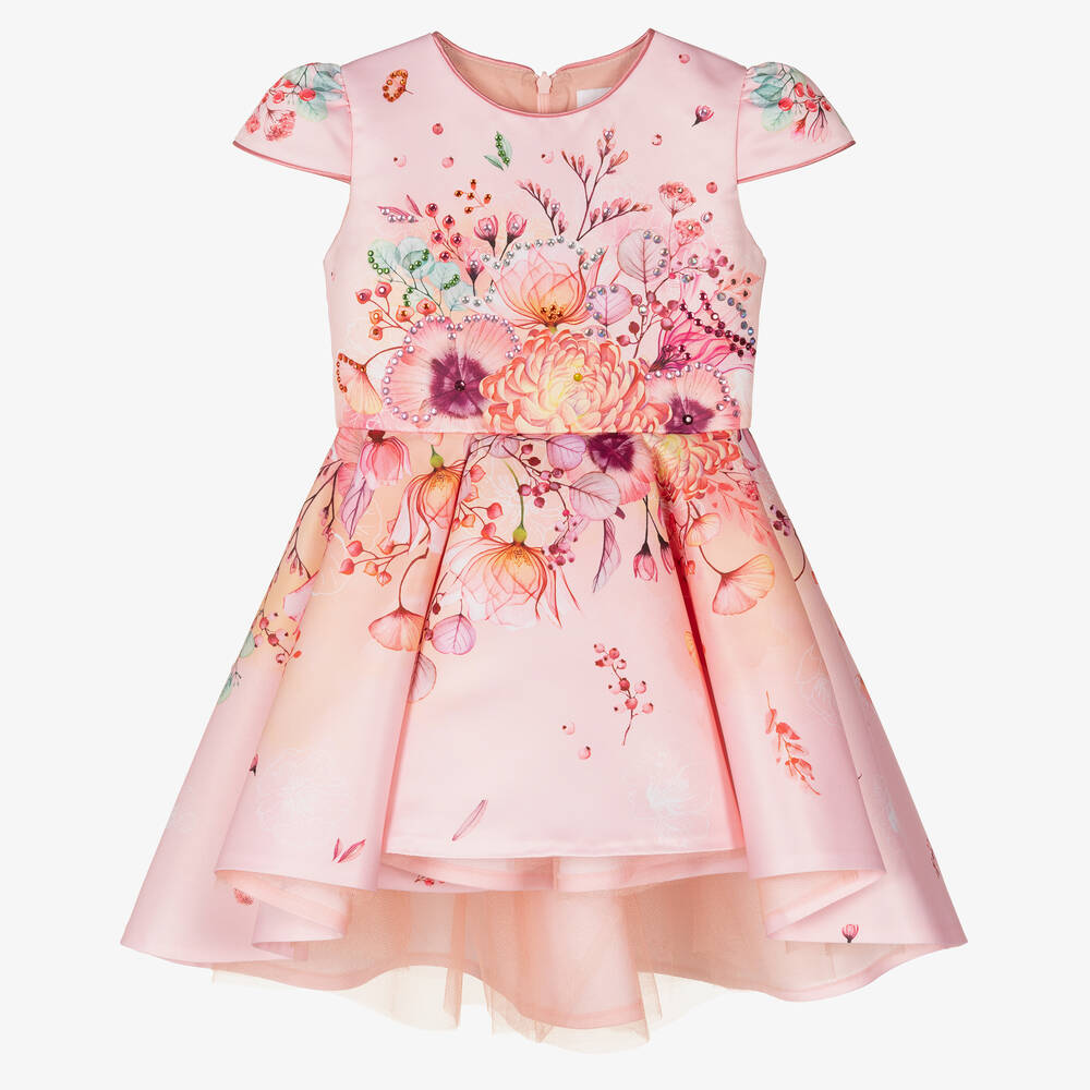 EIRENE - Robe fleurie rose en satin  | Childrensalon
