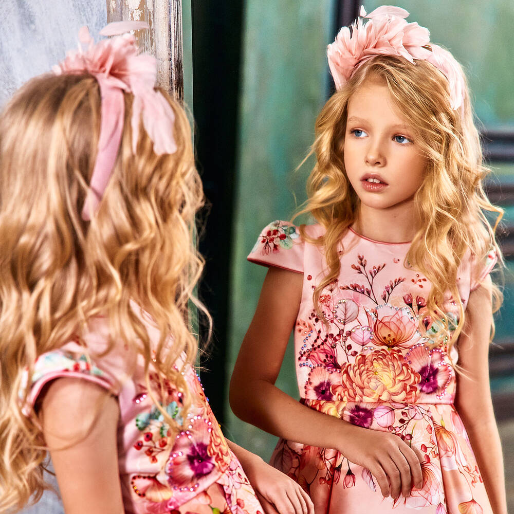 EIRENE-Pink Satin Floral Dress | Childrensalon Outlet