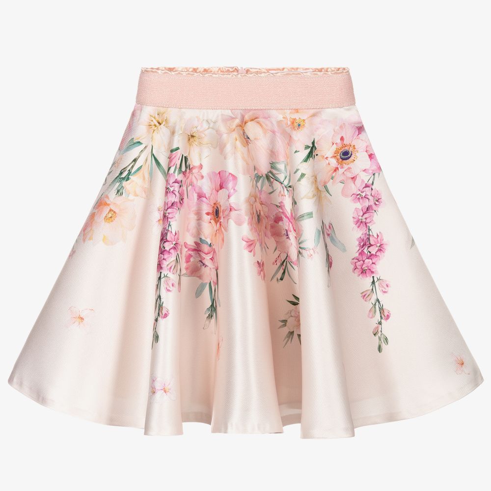 EIRENE - Jupe fleurie rose en satin  | Childrensalon