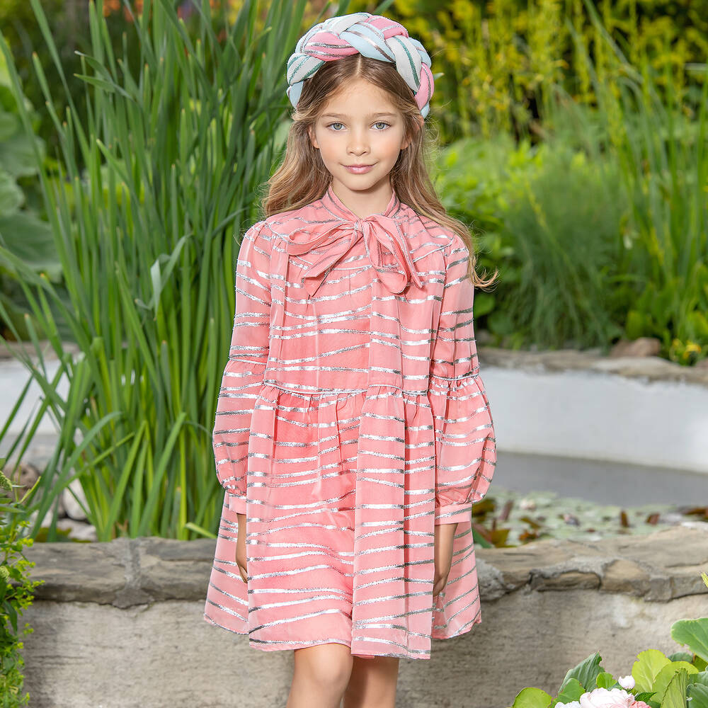 EIRENE-Pink & Silver Stripe Bow Dress | Childrensalon Outlet