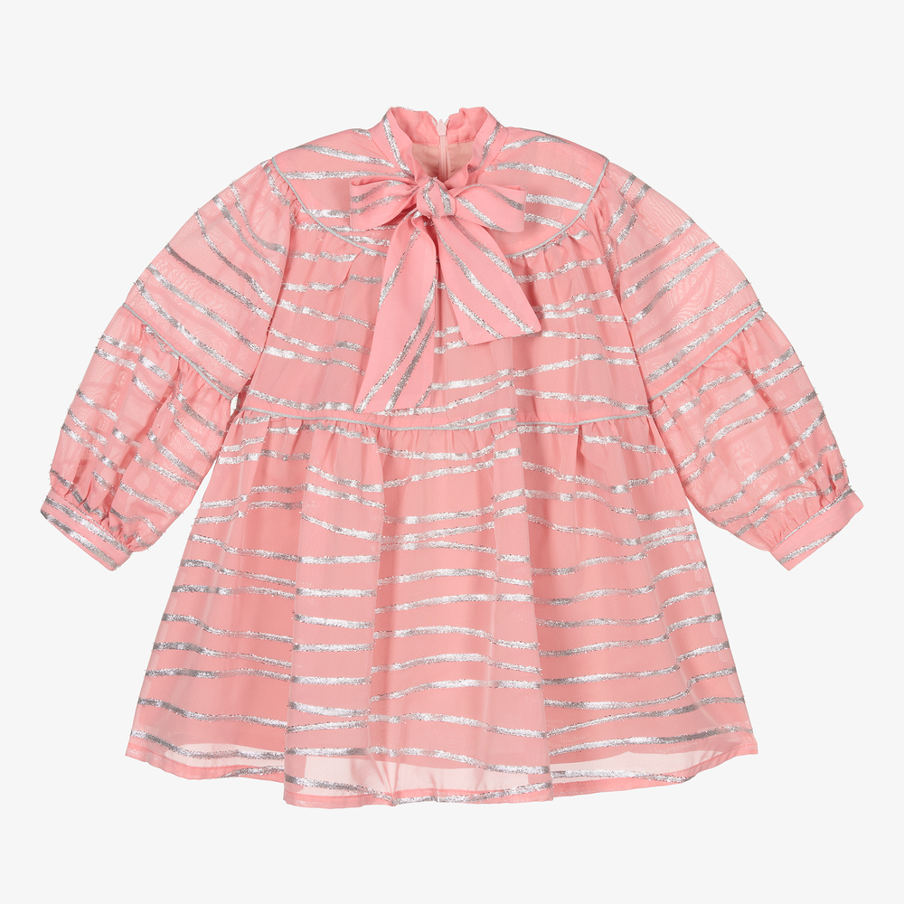 EIRENE - Robe rayée rose et argentée à nœud | Childrensalon