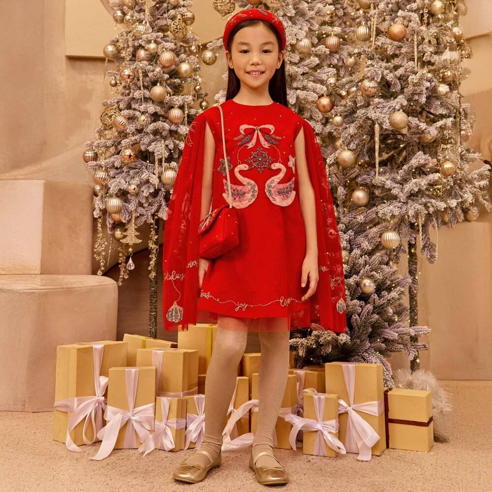EIRENE-Red Xmas Embrodiered Cape Dress | Childrensalon Outlet