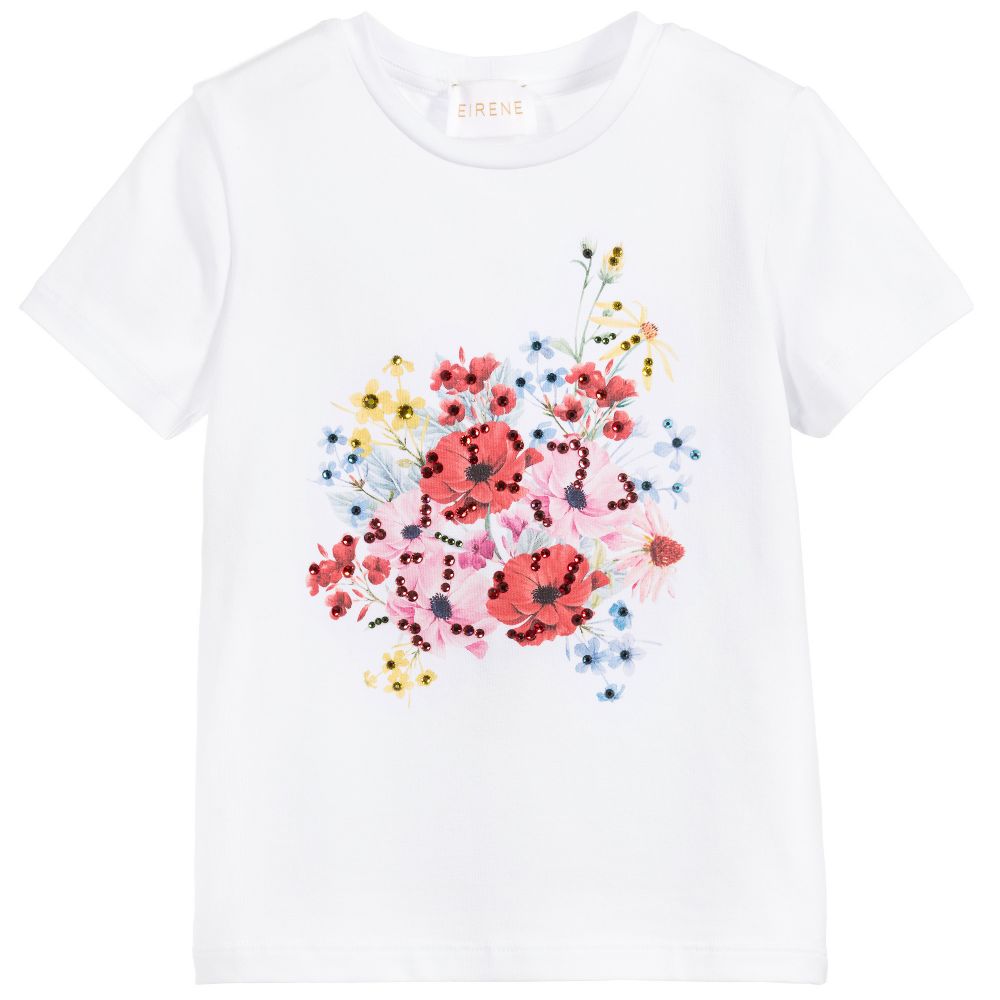 EIRENE - White Floral & Crystal T-Shirt | Childrensalon
